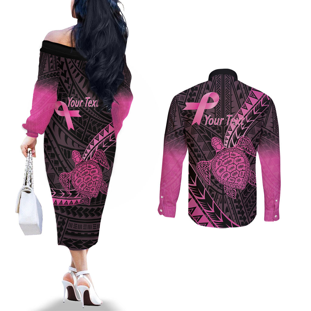 Breast Cancer Awareness Personalised Couples Matching Off The Shoulder Long Sleeve Dress and Long Sleeve Button Shirt Pink Ribbon Turtle Polynesian Pattern Black LT22 - Polynesian Pride