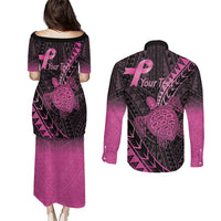 Breast Cancer Awareness Personalised Couples Matching Puletasi and Long Sleeve Button Shirt Pink Ribbon Turtle Polynesian Pattern Black