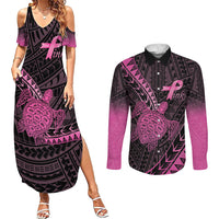 Breast Cancer Awareness Personalised Couples Matching Summer Maxi Dress and Long Sleeve Button Shirt Pink Ribbon Turtle Polynesian Pattern Black