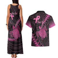 Breast Cancer Awareness Personalised Couples Matching Tank Maxi Dress and Hawaiian Shirt Pink Ribbon Turtle Polynesian Pattern Black LT22 - Polynesian Pride