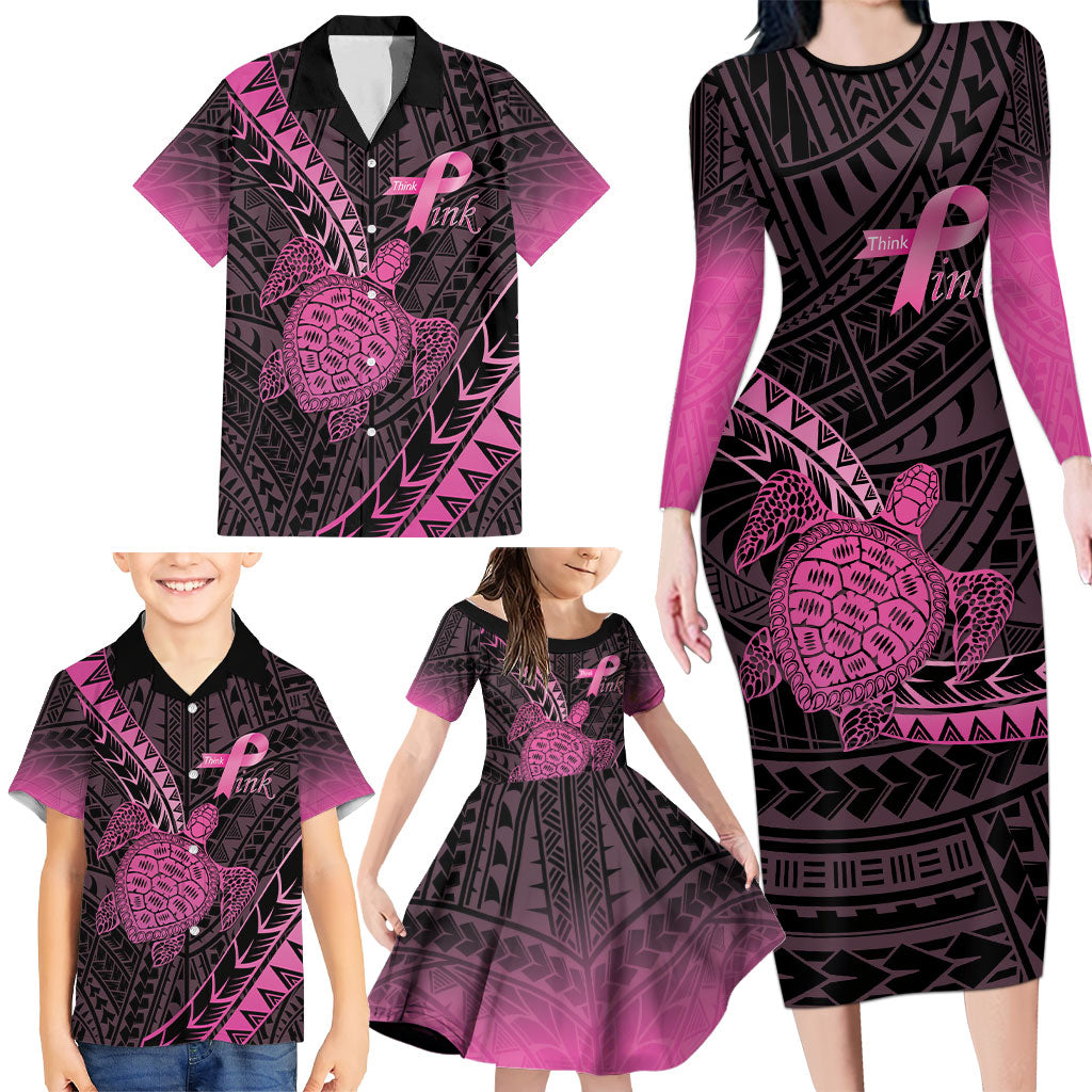 Breast Cancer Awareness Personalised Family Matching Long Sleeve Bodycon Dress and Hawaiian Shirt Pink Ribbon Turtle Polynesian Pattern Black