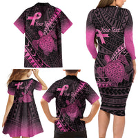 Breast Cancer Awareness Personalised Family Matching Long Sleeve Bodycon Dress and Hawaiian Shirt Pink Ribbon Turtle Polynesian Pattern Black