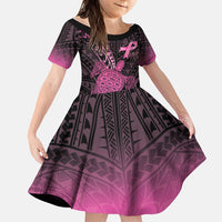Breast Cancer Awareness Personalised Family Matching Off The Shoulder Long Sleeve Dress and Hawaiian Shirt Pink Ribbon Turtle Polynesian Pattern Black