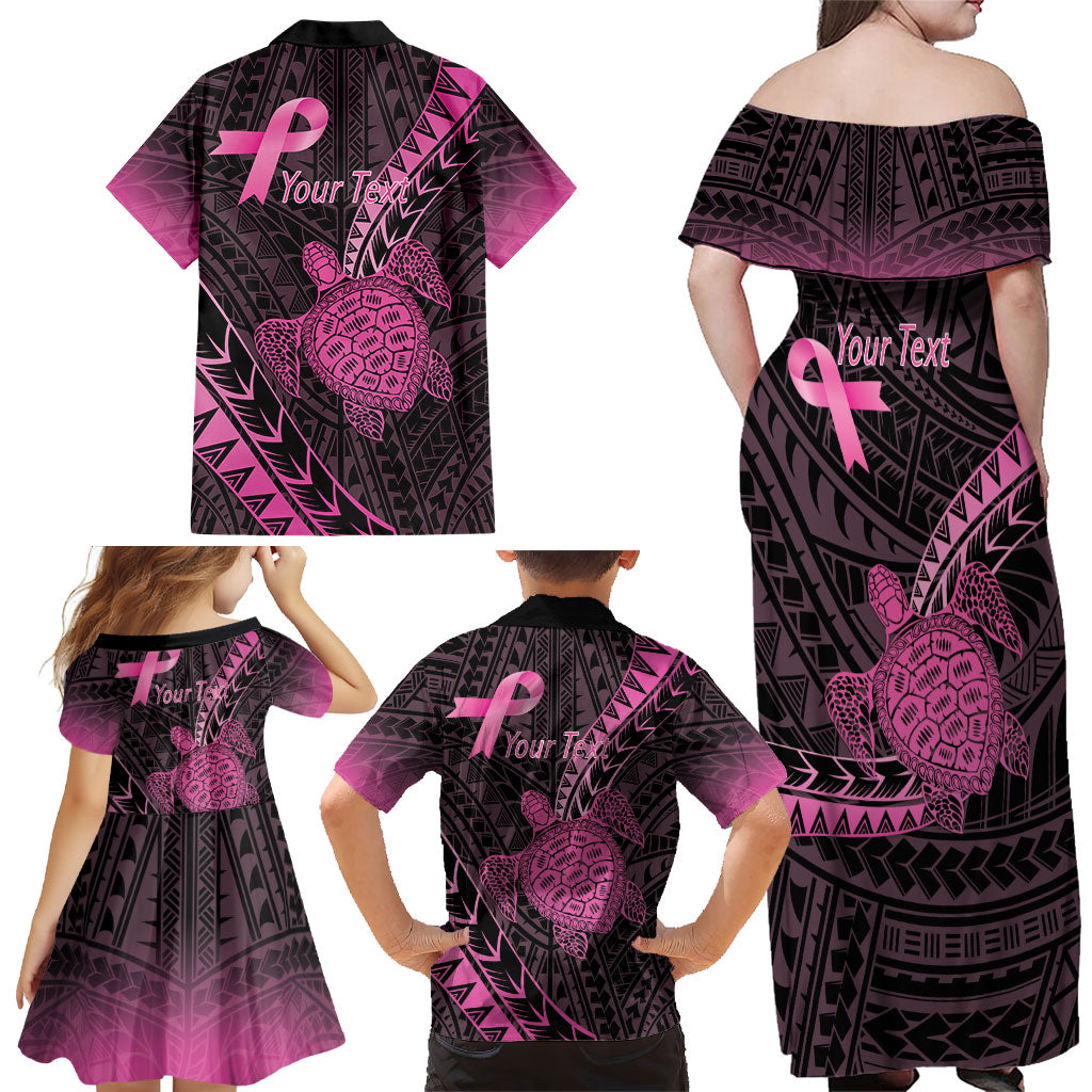 Breast Cancer Awareness Personalised Family Matching Off Shoulder Maxi Dress and Hawaiian Shirt Pink Ribbon Turtle Polynesian Pattern Black
