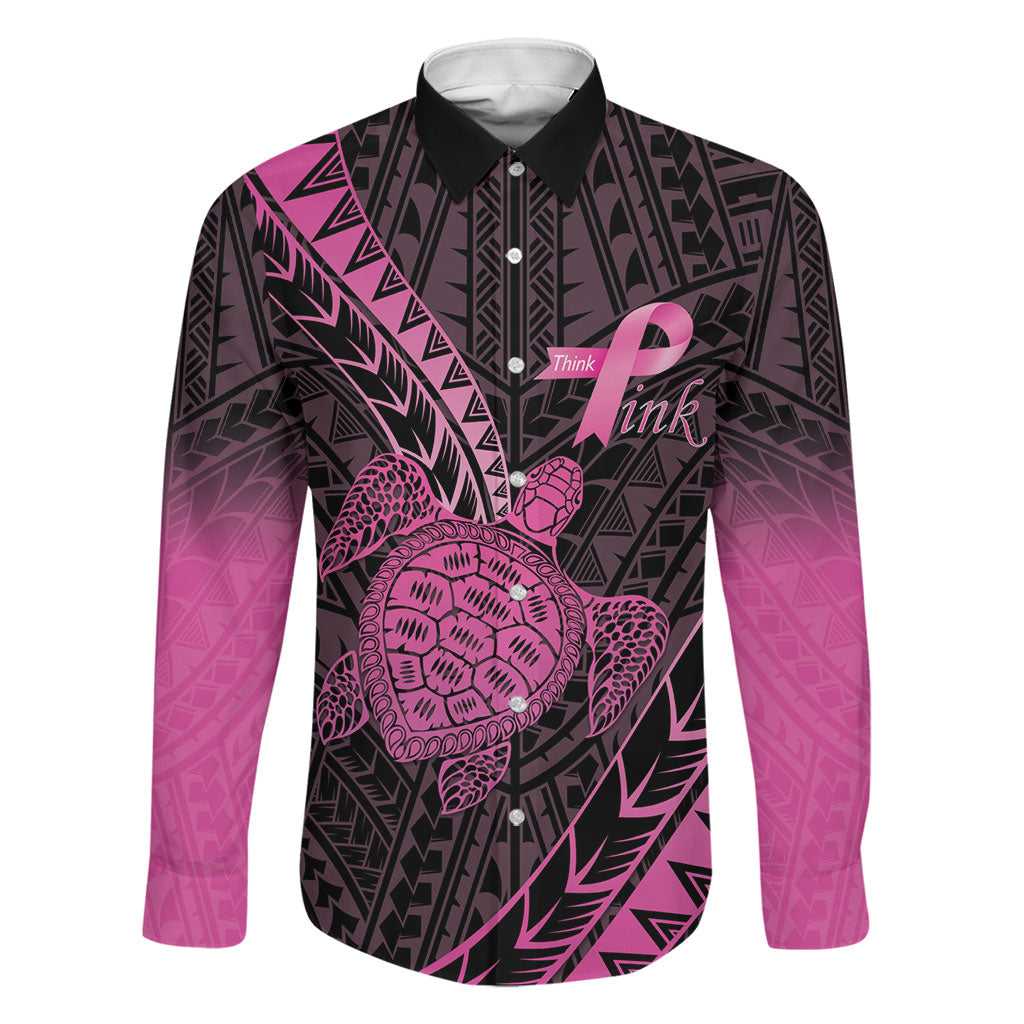 Breast Cancer Awareness Personalised Family Matching Puletasi and Hawaiian Shirt Pink Ribbon Turtle Polynesian Pattern Black LT22 Dad's Shirt - Long Sleeve Pink - Polynesian Pride