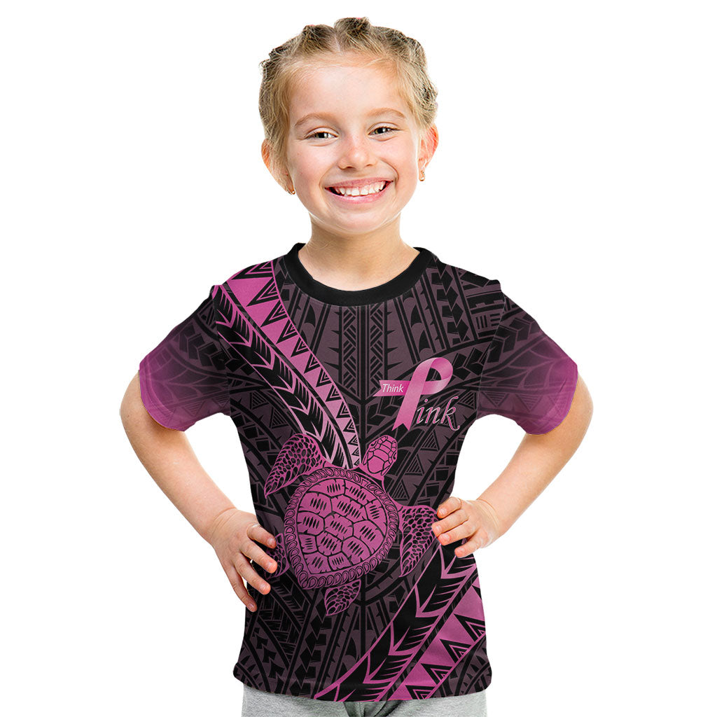 Breast Cancer Awareness Personalised Kid T Shirt Pink Ribbon Turtle Polynesian Pattern Black