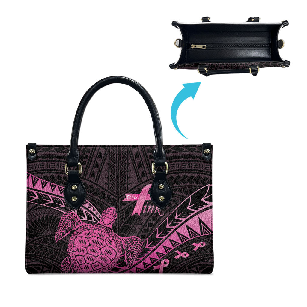 Breast Cancer Awareness Leather Bag Pink Ribbon Turtle Polynesian Pattern Black
