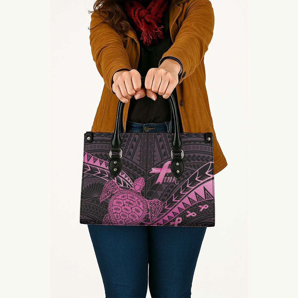Breast Cancer Awareness Leather Bag Pink Ribbon Turtle Polynesian Pattern Black