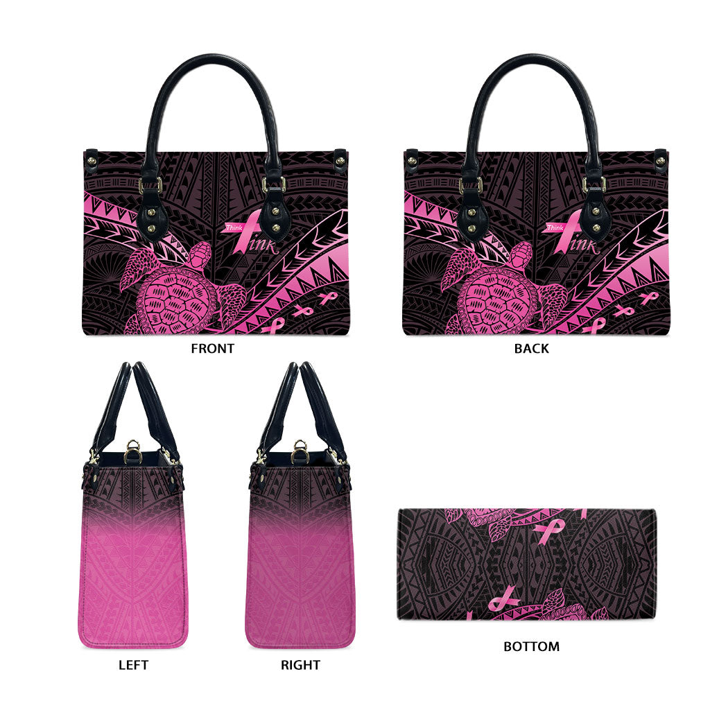 Breast Cancer Awareness Leather Bag Pink Ribbon Turtle Polynesian Pattern Black