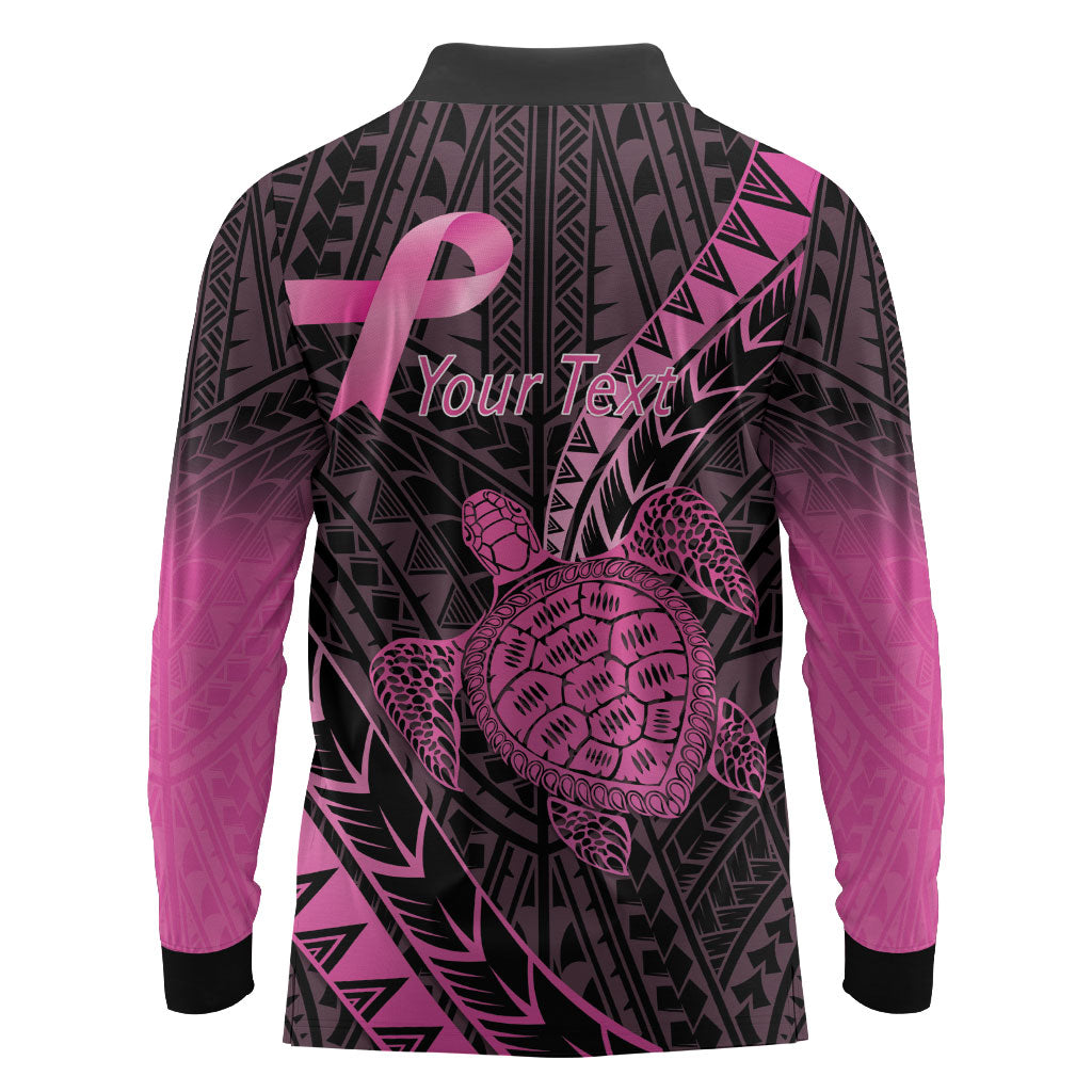Breast Cancer Awareness Personalised Long Sleeve Polo Shirt Pink Ribbon Turtle Polynesian Pattern Black
