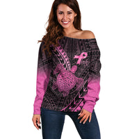Breast Cancer Awareness Personalised Off Shoulder Sweater Pink Ribbon Turtle Polynesian Pattern Black
