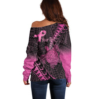 Breast Cancer Awareness Personalised Off Shoulder Sweater Pink Ribbon Turtle Polynesian Pattern Black