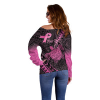 Breast Cancer Awareness Personalised Off Shoulder Sweater Pink Ribbon Turtle Polynesian Pattern Black
