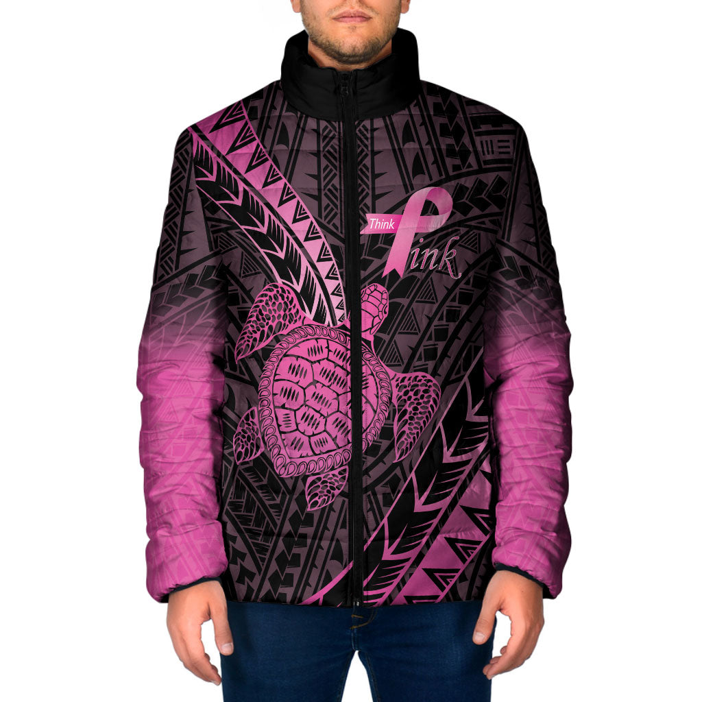 Breast Cancer Awareness Personalised Padded Jacket Pink Ribbon Turtle Polynesian Pattern Black LT22 Men Pink - Polynesian Pride