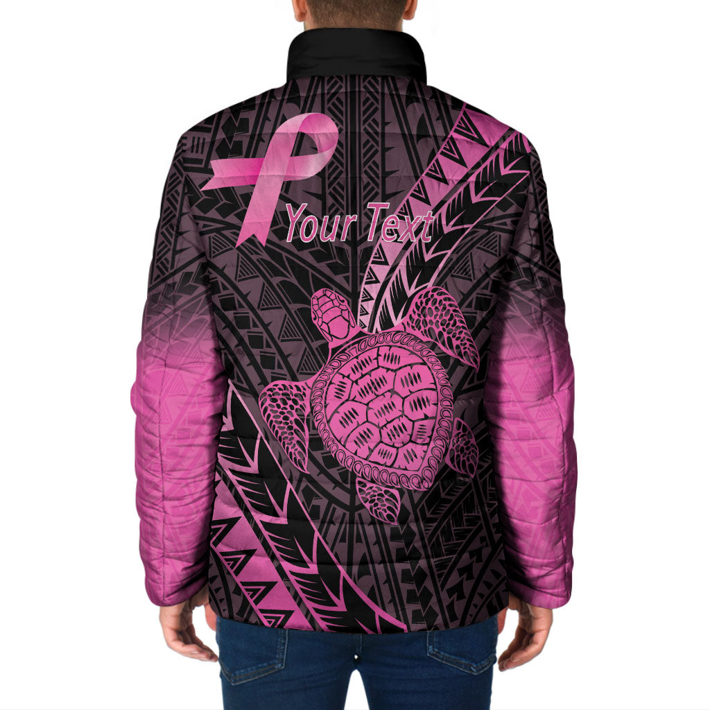 Breast Cancer Awareness Personalised Padded Jacket Pink Ribbon Turtle Polynesian Pattern Black
