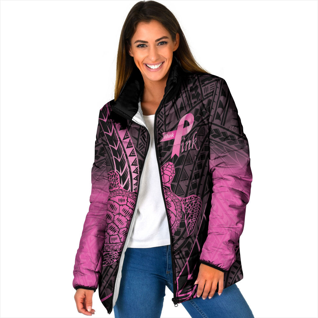 Breast Cancer Awareness Personalised Padded Jacket Pink Ribbon Turtle Polynesian Pattern Black