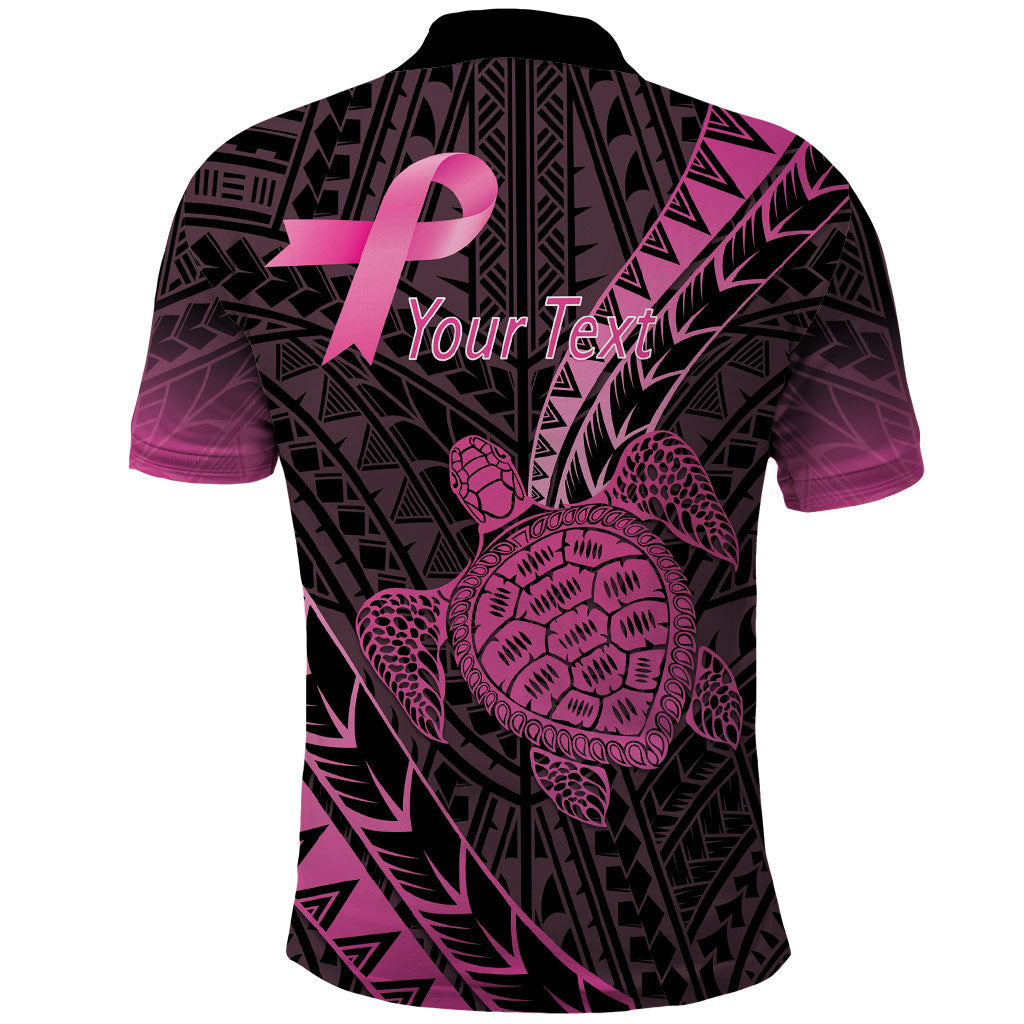 Breast Cancer Awareness Personalised Polo Shirt Pink Ribbon Turtle Polynesian Pattern Black LT22 - Polynesian Pride