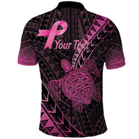 Breast Cancer Awareness Personalised Polo Shirt Pink Ribbon Turtle Polynesian Pattern Black LT22 - Polynesian Pride
