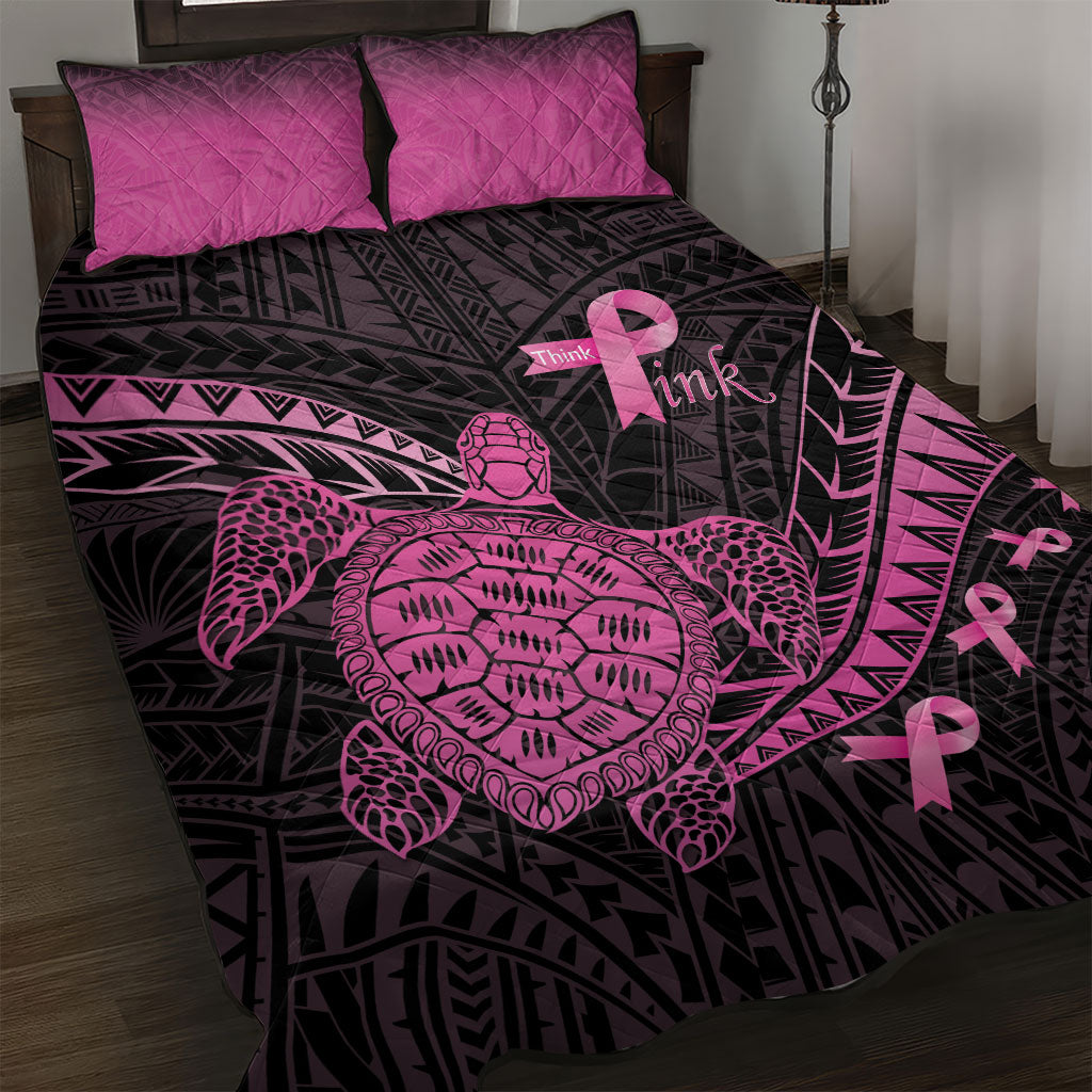 Breast Cancer Awareness Quilt Bed Set Pink Ribbon Turtle Polynesian Pattern Black