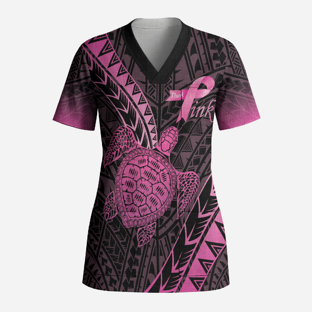 Breast Cancer Awareness Personalised Scrub Top Pink Ribbon Turtle Polynesian Pattern Black