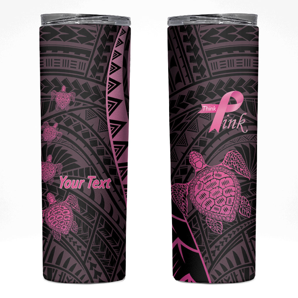 Breast Cancer Awareness Personalised Skinny Tumbler Pink Ribbon Turtle Polynesian Pattern Black