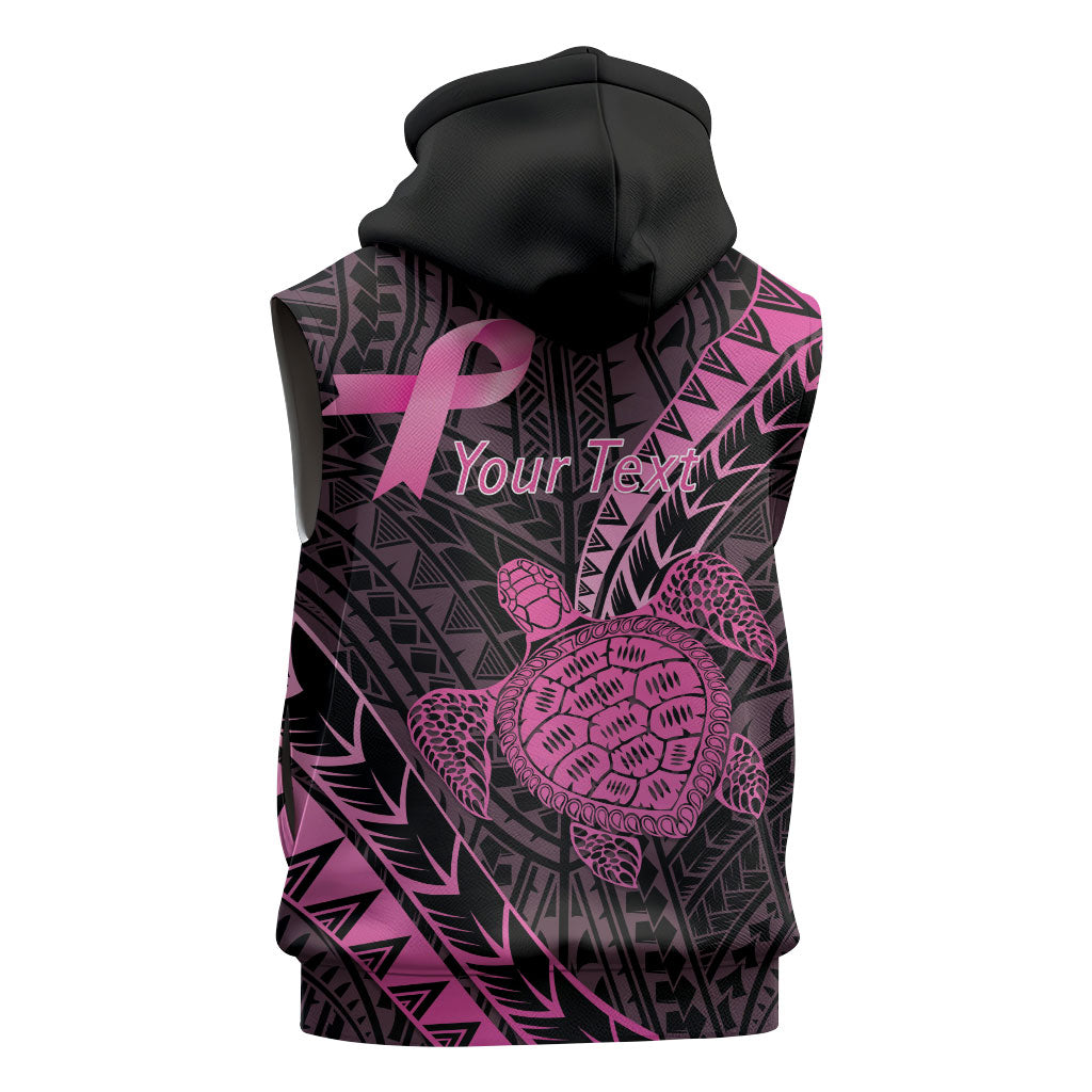 Breast Cancer Awareness Personalised Sleeveless Hoodie Pink Ribbon Turtle Polynesian Pattern Black