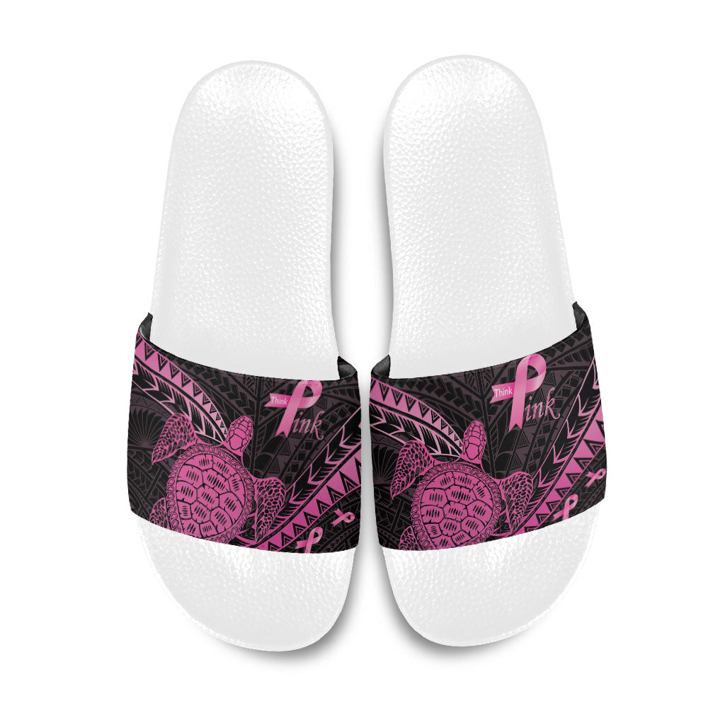 Breast Cancer Awareness Slide Sandals Pink Ribbon Turtle Polynesian Pattern Black