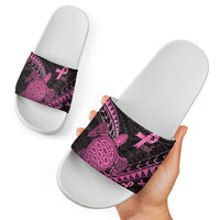 Breast Cancer Awareness Slide Sandals Pink Ribbon Turtle Polynesian Pattern Black