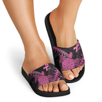 Breast Cancer Awareness Slide Sandals Pink Ribbon Turtle Polynesian Pattern Black
