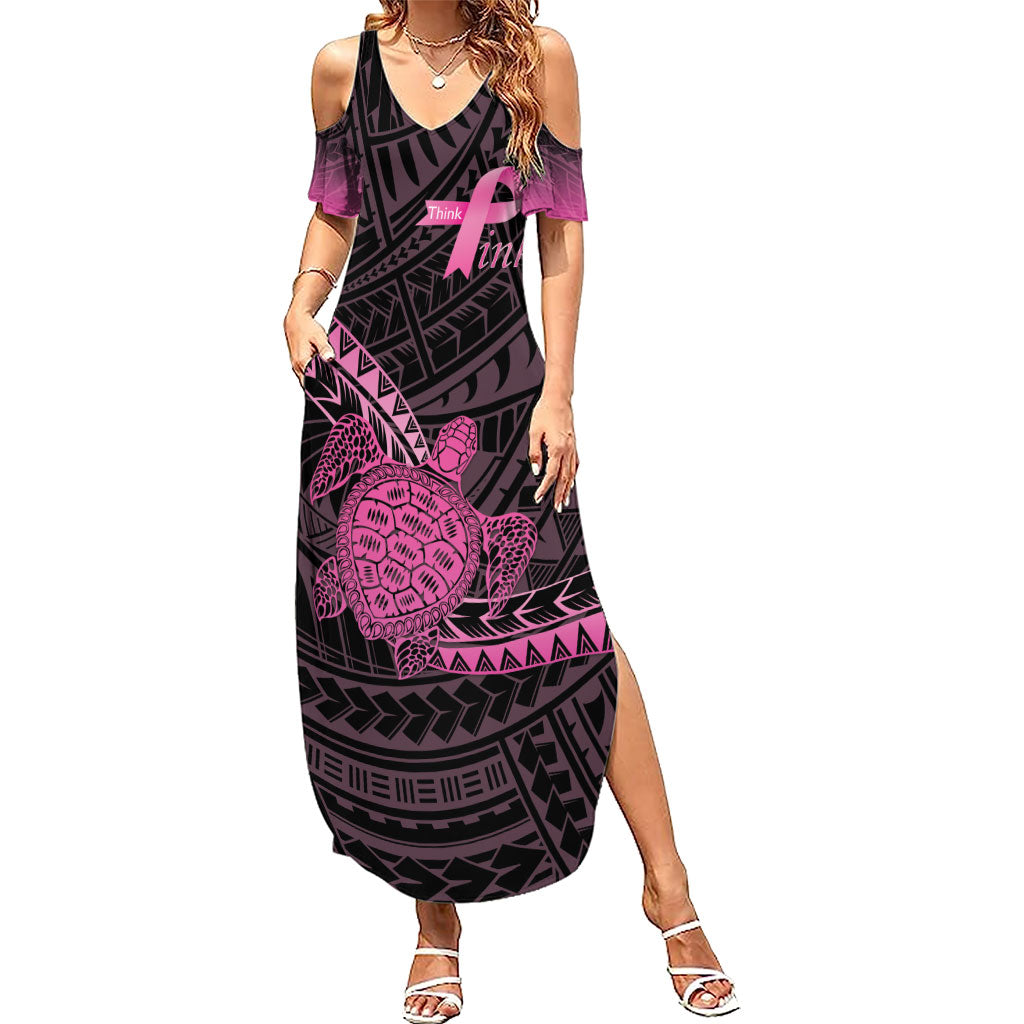 Breast Cancer Awareness Personalised Summer Maxi Dress Pink Ribbon Turtle Polynesian Pattern Black LT22 Women Pink - Polynesian Pride