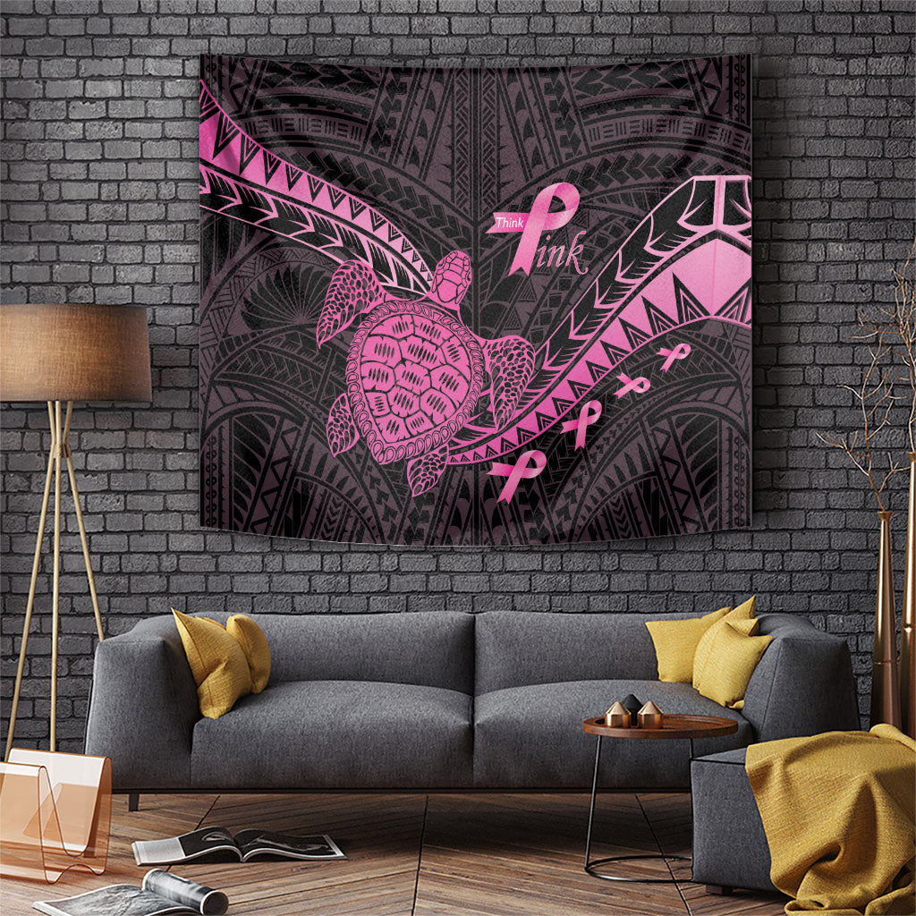 Breast Cancer Awareness Tapestry Pink Ribbon Turtle Polynesian Pattern Black