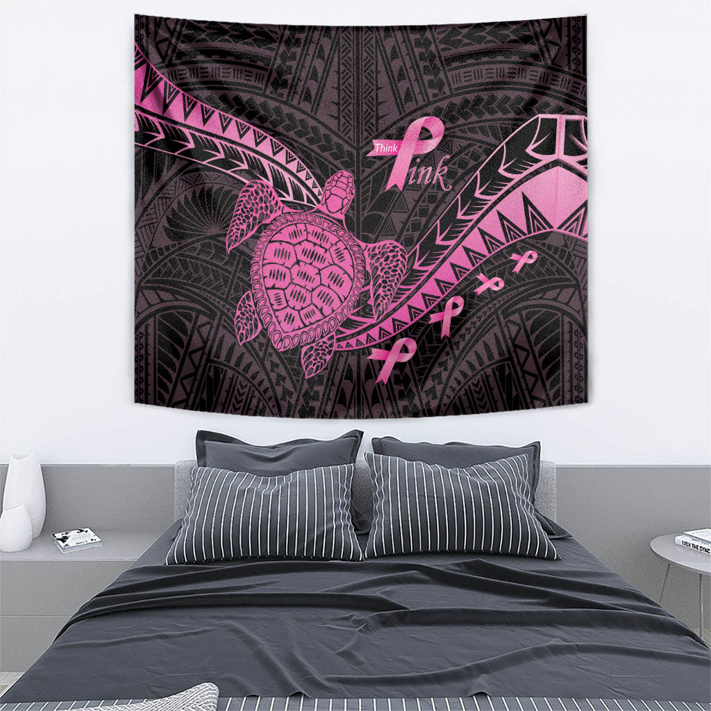 Breast Cancer Awareness Tapestry Pink Ribbon Turtle Polynesian Pattern Black