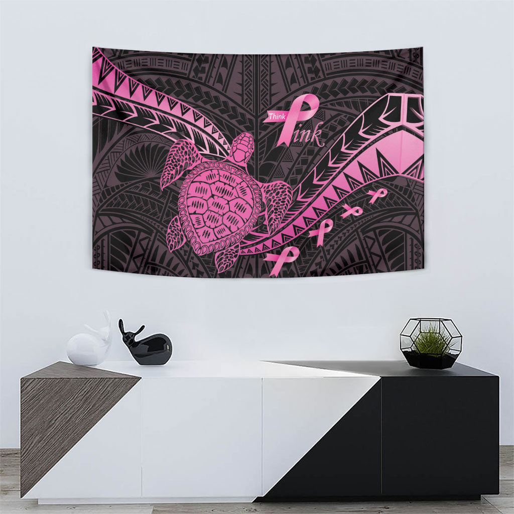 Breast Cancer Awareness Tapestry Pink Ribbon Turtle Polynesian Pattern Black