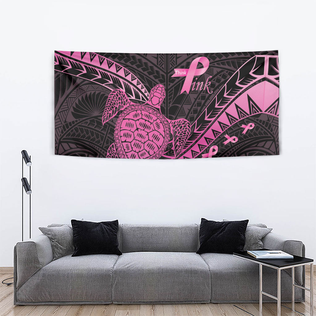 Breast Cancer Awareness Tapestry Pink Ribbon Turtle Polynesian Pattern Black