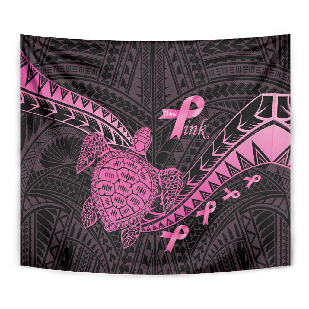 Breast Cancer Awareness Tapestry Pink Ribbon Turtle Polynesian Pattern Black