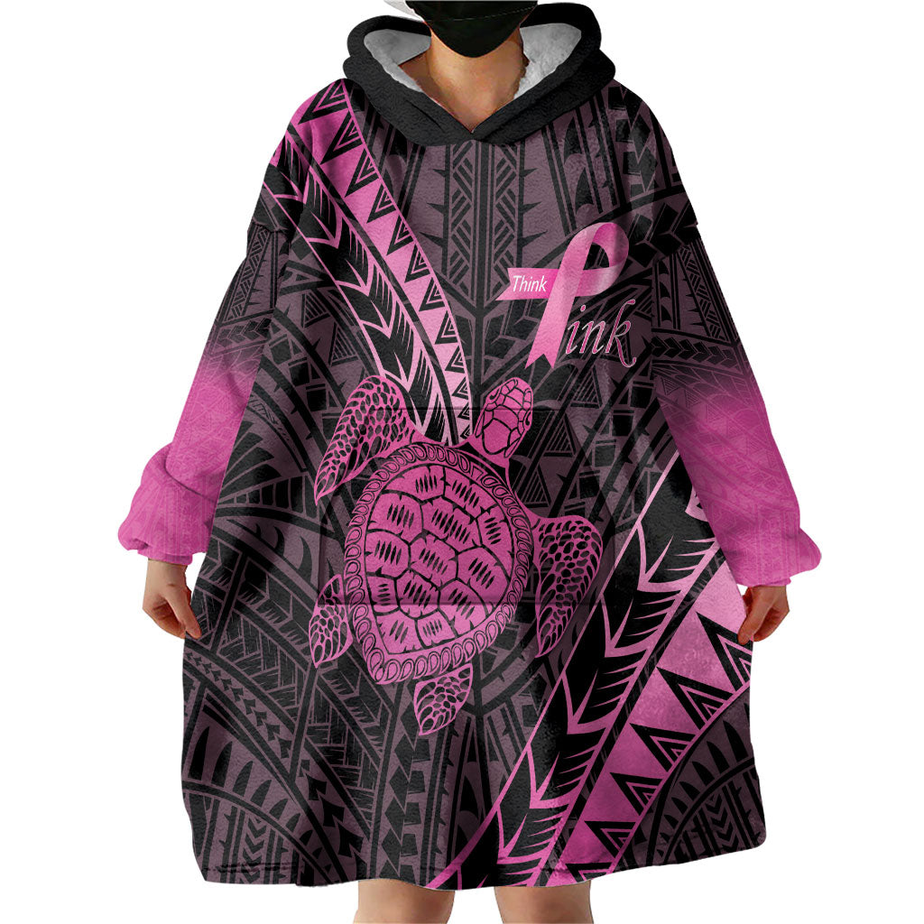 Breast Cancer Awareness Personalised Wearable Blanket Hoodie Pink Ribbon Turtle Polynesian Pattern Black