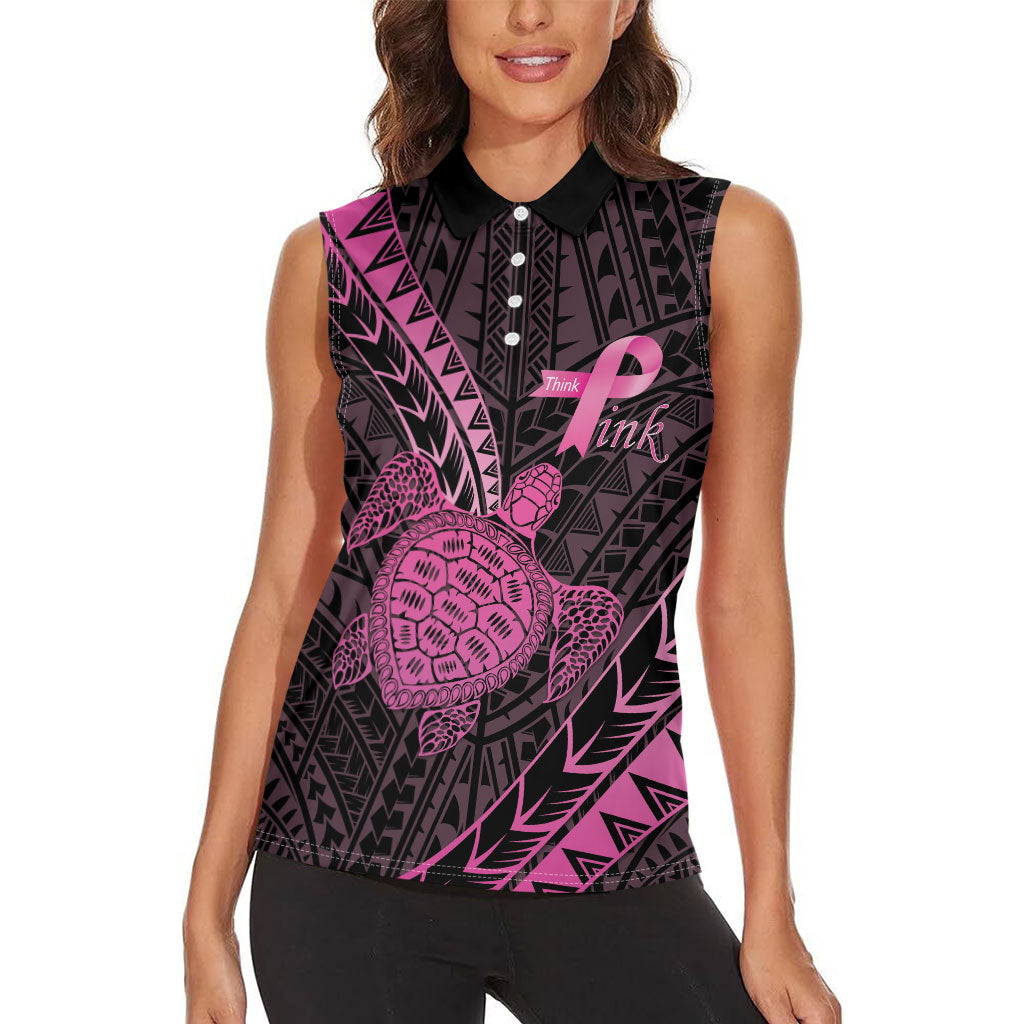 Breast Cancer Awareness Personalised Women Sleeveless Polo Shirt Pink Ribbon Turtle Polynesian Pattern Black