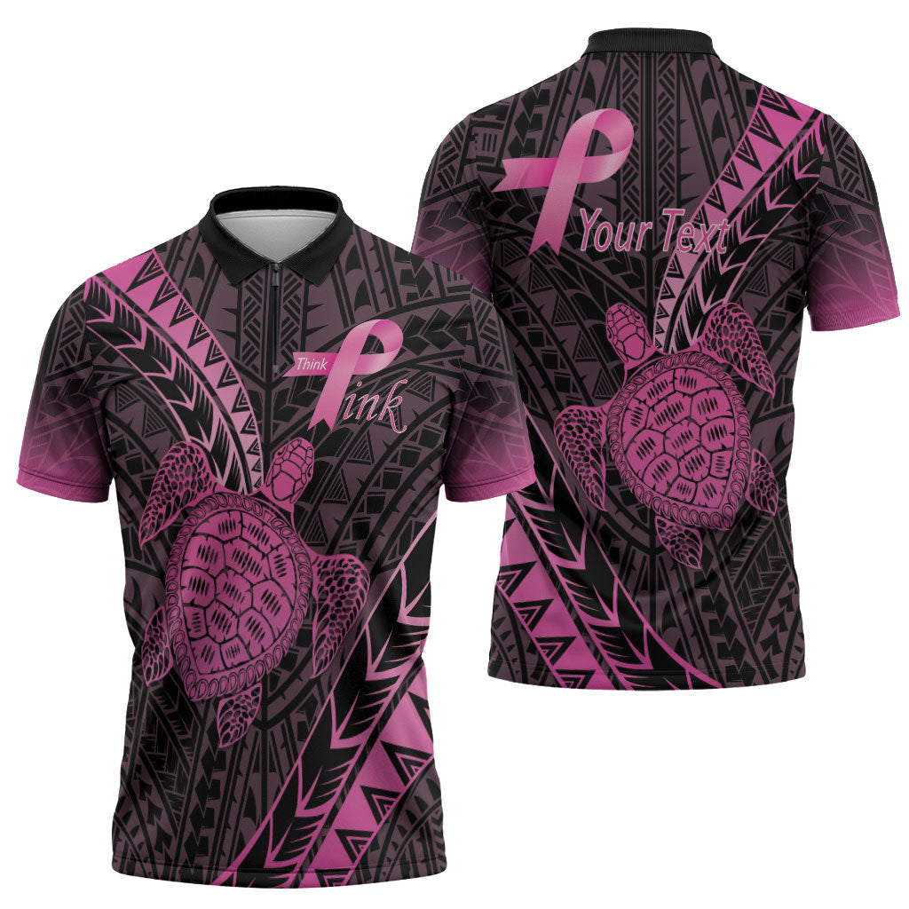 Breast Cancer Awareness Personalised Zipper Polo Shirt Pink Ribbon Turtle Polynesian Pattern Black