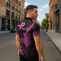 Breast Cancer Awareness Personalised Zipper Polo Shirt Pink Ribbon Turtle Polynesian Pattern Black