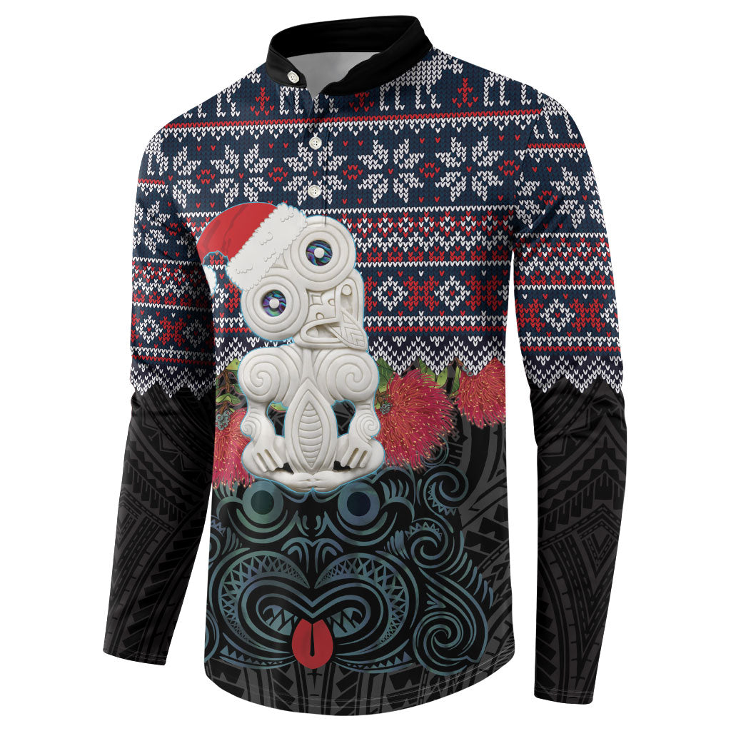New Zealand Hei Tiki Christmas In July Button Sweatshirt Pohutukawa Santa Xmas Polynesian Pattern LT22 - Polynesian Pride