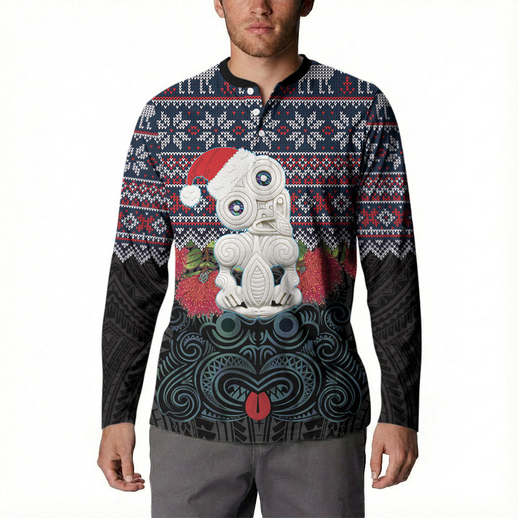 New Zealand Hei Tiki Christmas In July Button Sweatshirt Pohutukawa Santa Xmas Polynesian Pattern LT22 - Polynesian Pride