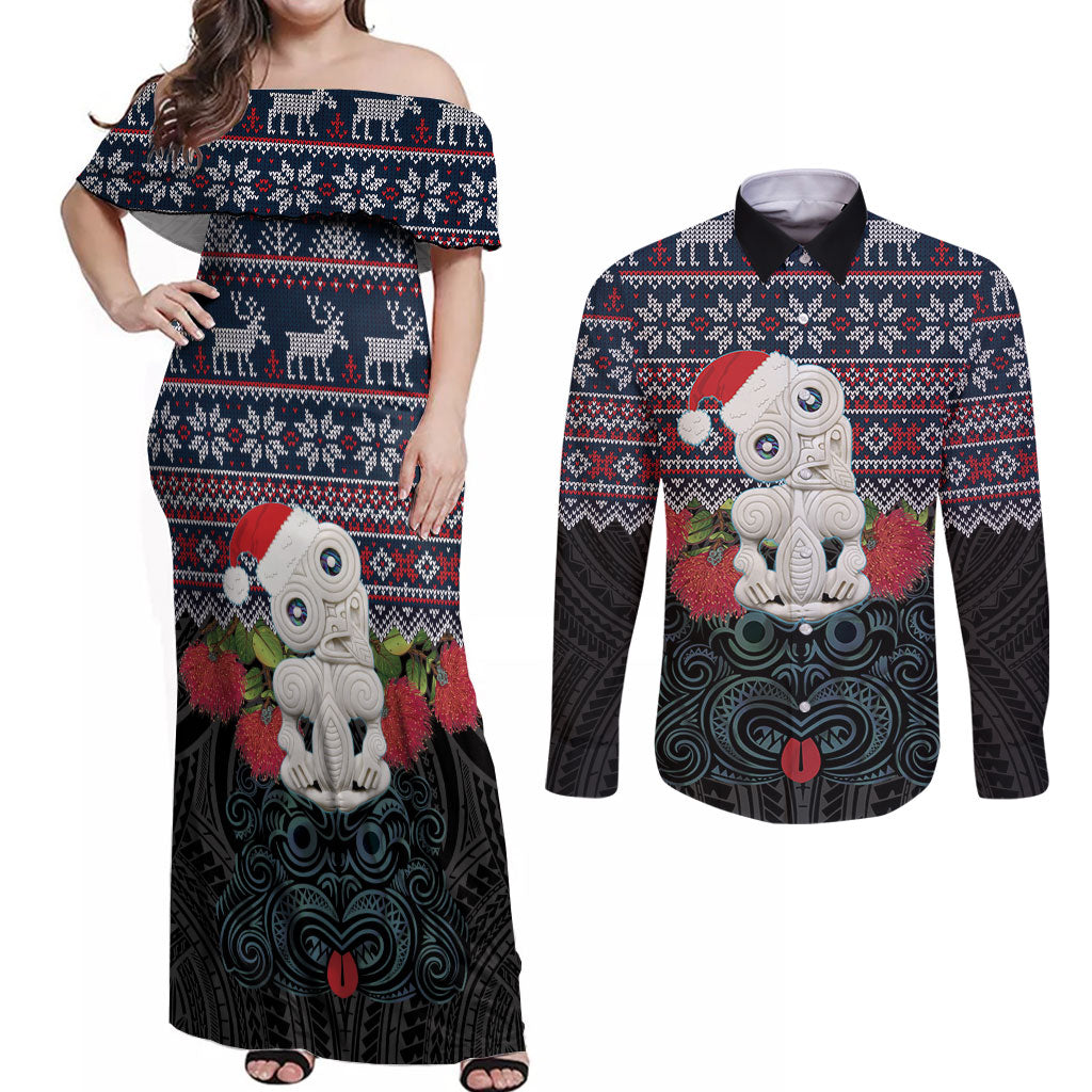 New Zealand Hei Tiki Christmas In July Couples Matching Off Shoulder Maxi Dress and Long Sleeve Button Shirt Pohutukawa Santa Xmas Polynesian Pattern