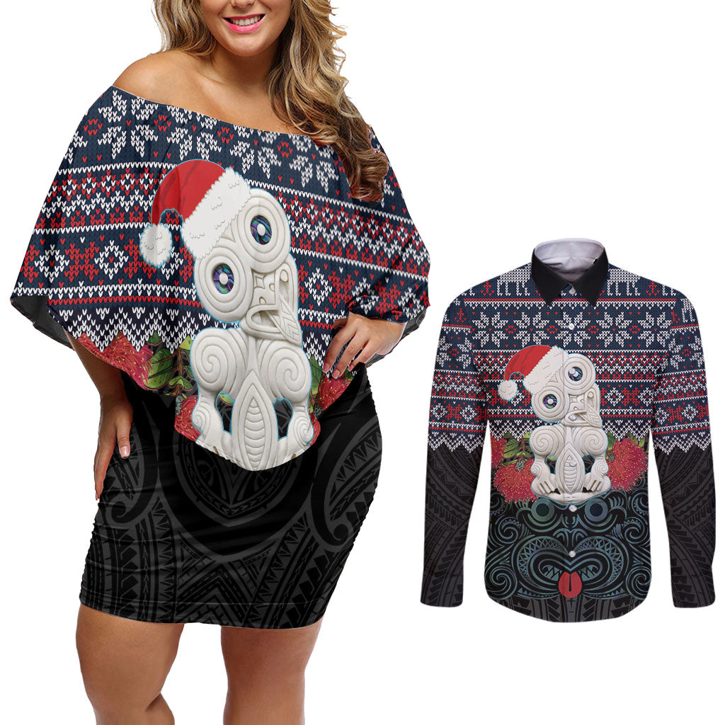 New Zealand Hei Tiki Christmas In July Couples Matching Off Shoulder Short Dress and Long Sleeve Button Shirt Pohutukawa Santa Xmas Polynesian Pattern