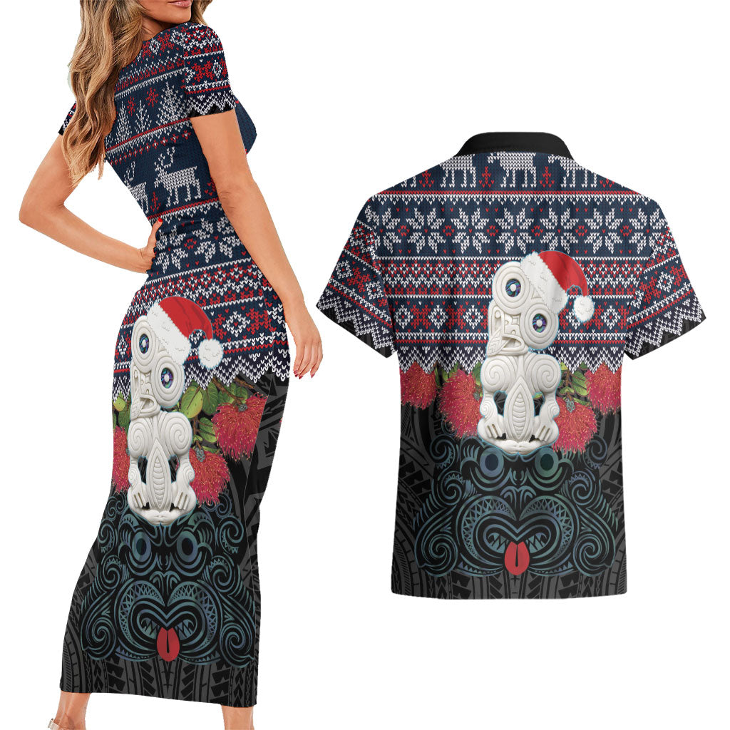 New Zealand Hei Tiki Christmas In July Couples Matching Short Sleeve Bodycon Dress and Hawaiian Shirt Pohutukawa Santa Xmas Polynesian Pattern
