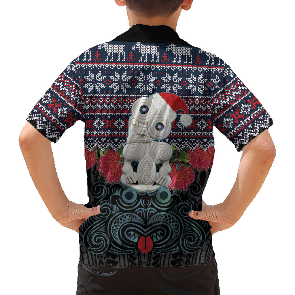 New Zealand Hei Tiki Christmas In July Family Matching Off Shoulder Short Dress and Hawaiian Shirt Pohutukawa Santa Xmas Polynesian Pattern