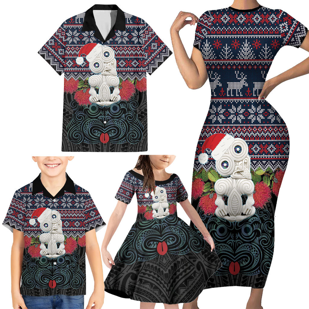 New Zealand Hei Tiki Christmas In July Family Matching Short Sleeve Bodycon Dress and Hawaiian Shirt Pohutukawa Santa Xmas Polynesian Pattern