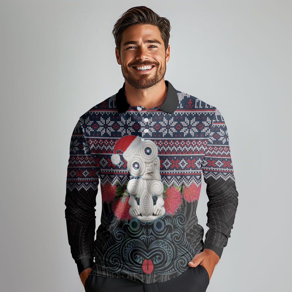 New Zealand Hei Tiki Christmas In July Long Sleeve Polo Shirt Pohutukawa Santa Xmas Polynesian Pattern