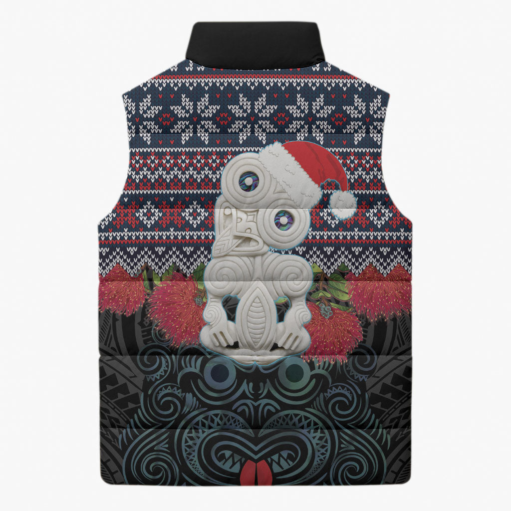 New Zealand Hei Tiki Christmas In July Sleeveless Puffer Jacket Pohutukawa Santa Xmas Polynesian Pattern