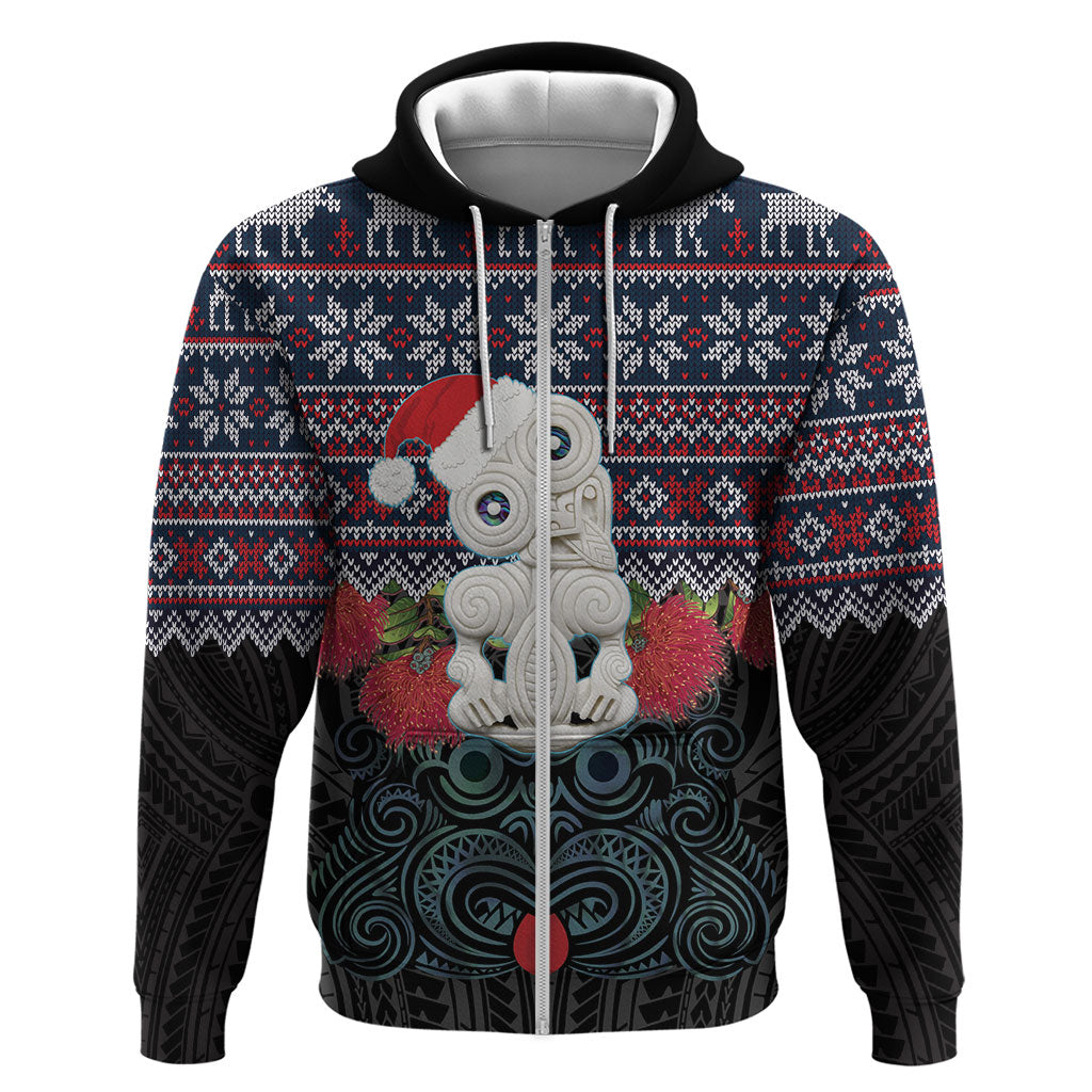 New Zealand Hei Tiki Christmas In July Zip Hoodie Pohutukawa Santa Xmas Polynesian Pattern