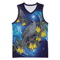 New Zealand Kokako Bird Basketball Jersey Kowhai Galaxy Style Polynesian Pattern